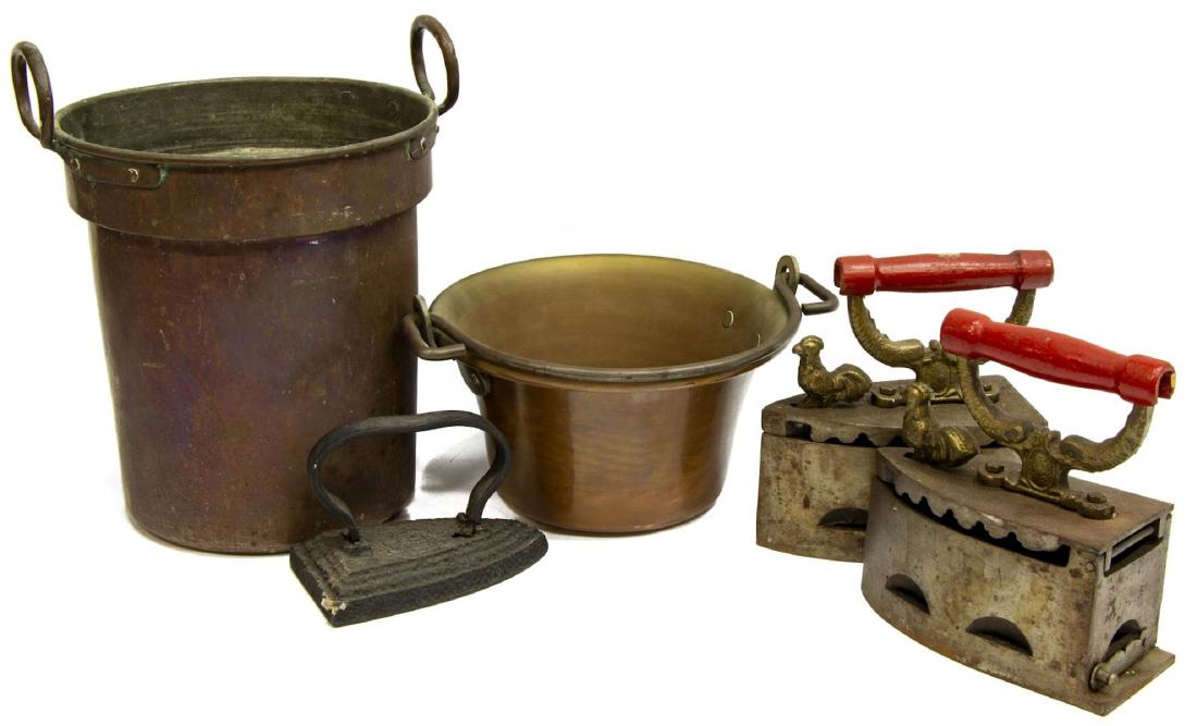 (5) LOT OF 3 IRONS & 2 COPPERWARE POTS (1 of 3)