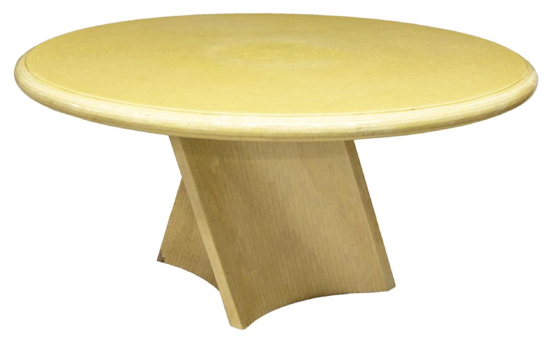 ENRIQUE GARCEL JIMECO LTDA BONE TILE DINING TABLE: Contemporary Jimeco Ltda dining table, Columbia, c. 1980s, design attributed to Enrique Garcel, in lacquered tessellated bone tile finish, having circular top, over twisted pedestal base, some loss to