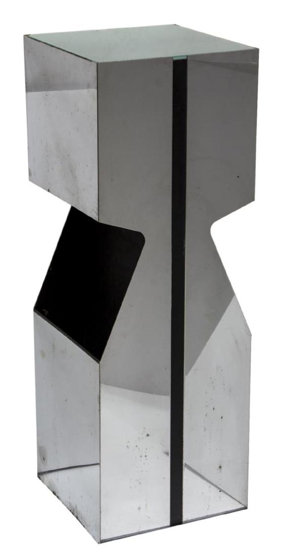 NEAL SMALL FOR KOVACS FLOOR LAMP/ MAGAZINE HOLDER: Mid-century modern chrome floor lamp/ magazine holder, c. 1960s, designed by Neal Small (United States, b.1937) for Kovacs, having frosted glass top with two light fixtures to interior, storage space