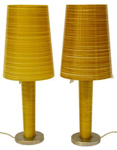 (2) MODERN MARC SADLER FOR FOSCARINI TABLE LAMPS: (pair) Italian modern table lamps, designed by Marc Sadler for Foscarini, having fiberglass shade and standard, on silver-tone metal circular foot, marked on harp, approx 16.25"h, 6"diam; 2.75lbs tota