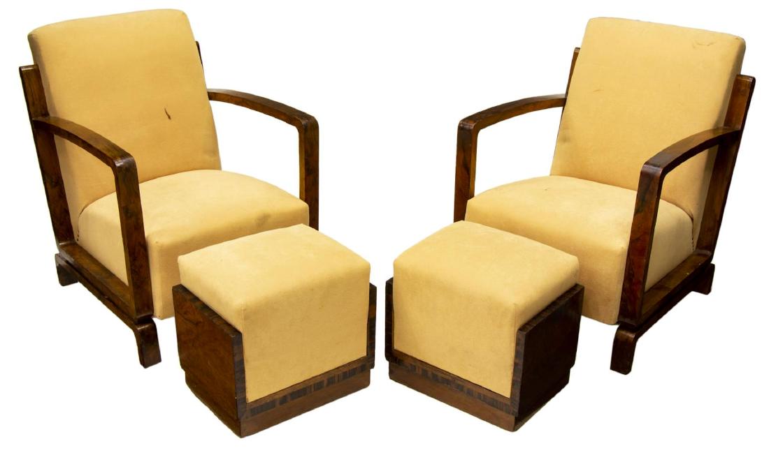 (4) ITALIAN ART DECO LOUNGE CHAIRS & OTTOMANS: (lot of 4) Italian Art Deco seating group, including: (2) lounge chairs and (2) ottomans; upholstered, with rosewood veneer frame, worn upholstery, chairs: approx 34.5"h, 25.25"w, 28"d Start Price: $3