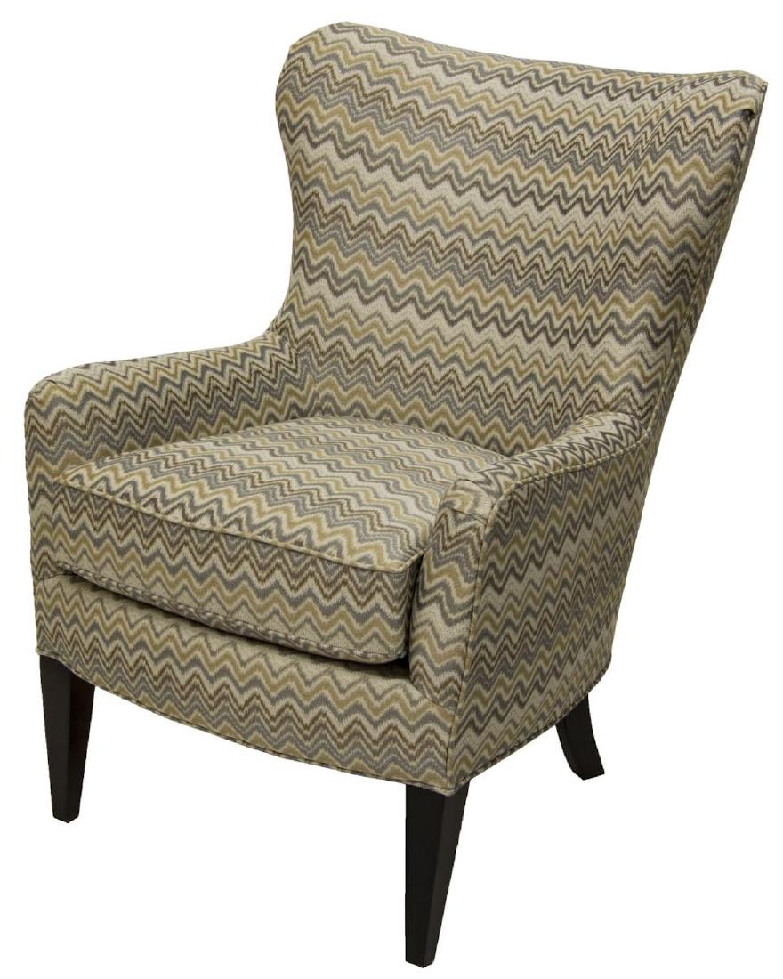NEW SAM MOORE/ HOOKER FURNITURE 'NIKKO' WING CHAIR: New Sam Moore by Hooker Furniture "Nikko" wing chair, stylized chevron pattern upholstery, padded arms and back, over removable cushion, on Java color legs, approx 42"h, 26"w, 26"d, SKU SMX-2518600218