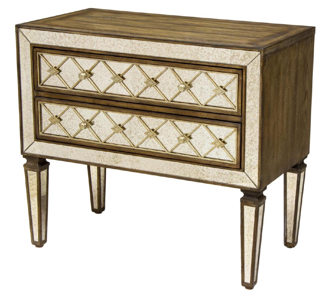 NEW HOOKER 'SANCTUARY' BACHELORS CHEST NIGHTSTAND: New Hooker Furniture "Sanctuary" bachelors chest, fitted with two drawers, having antiqued mirrored panels to front and legs, with metal fretwork, approx 30.25"h, 34"w, 18"d, SKU: 5414-90017 *Provenan