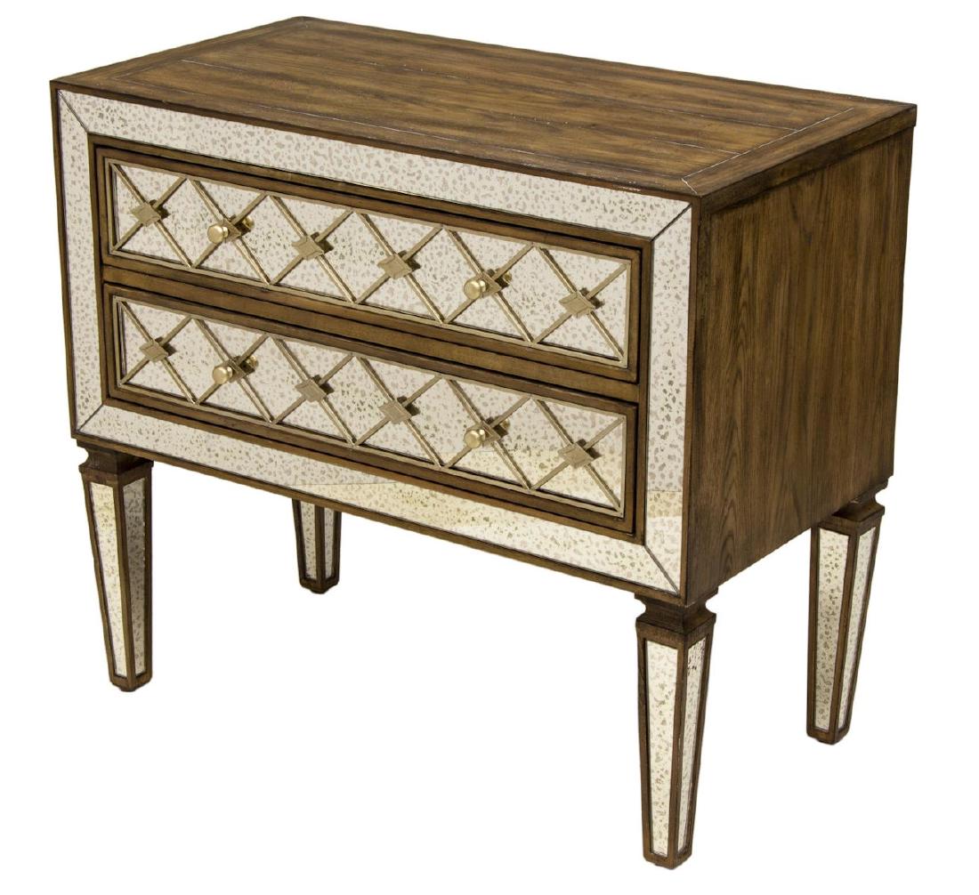 NEW HOOKER 'SANCTUARY' BACHELORS CHEST NIGHTSTAND: New Hooker Furniture "Sanctuary" bachelors chest, fitted with two drawers, having antiqued mirrored panels to front and legs, with metal fretwork, approx 30.25"h, 34"w, 18"d, SKU: 5414-90017 *Provenan