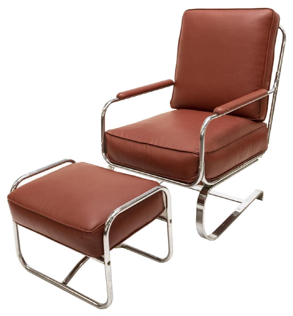 (2) KEM WEBER SPRINGER LOUNGE CHAIR & OTTOMAN: (lot of 2) Springer lounge chair and ottoman, design by Kem Weber (Karl Emanuel Martin Weber, Germany, United States, 1889-1963) for Lloyd Manufacturing, the chrome steel framed with removable vinyl b