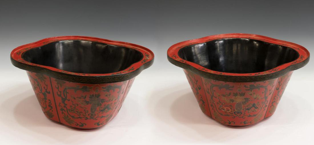 (2) CHINESE RED LACQUER PAPER MACHE PLANTERS (1 of 1)