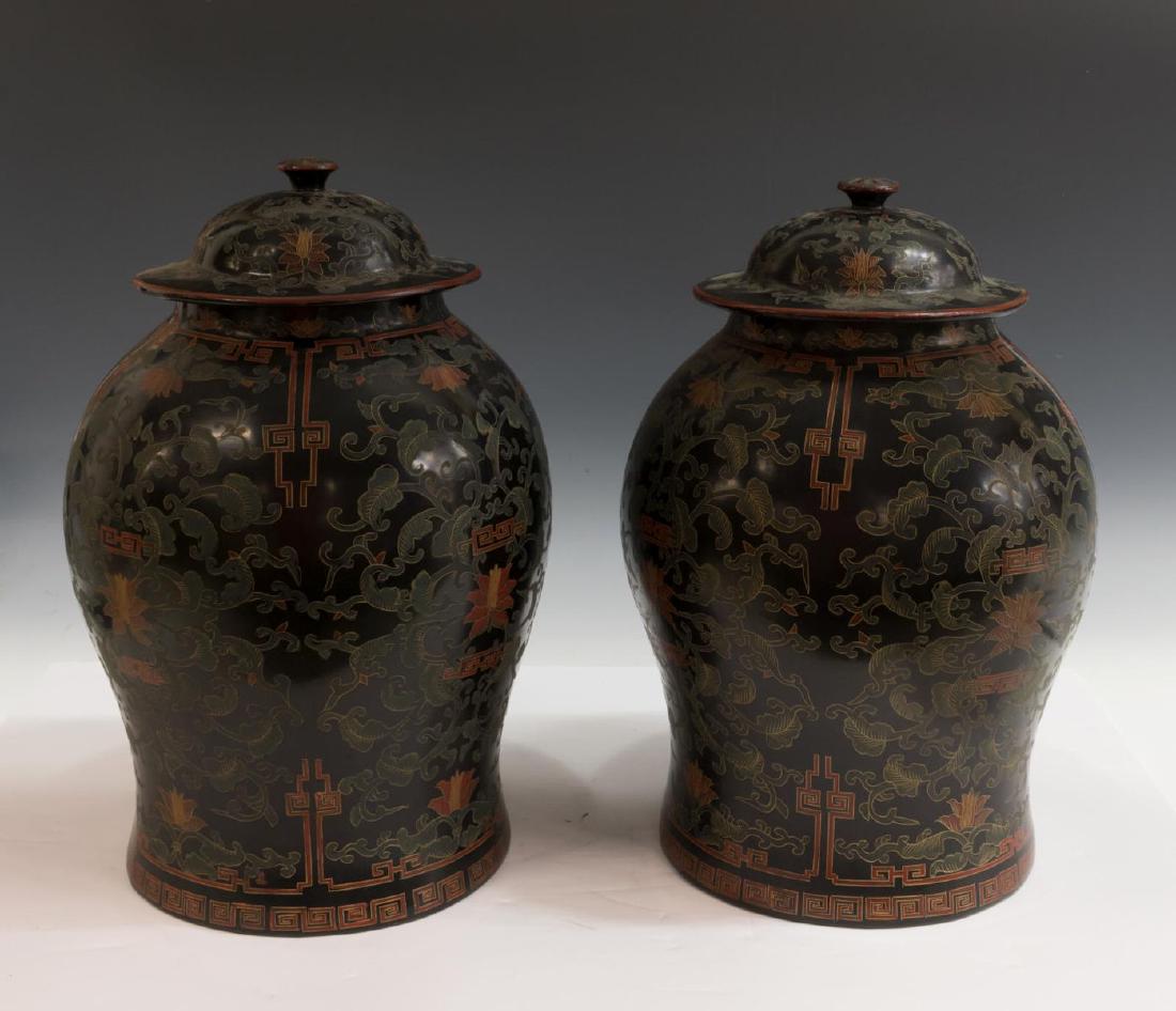 (2) CHINESE BLACK PAPER MACHE COVERED TEMPLE JARS (1 of 2)