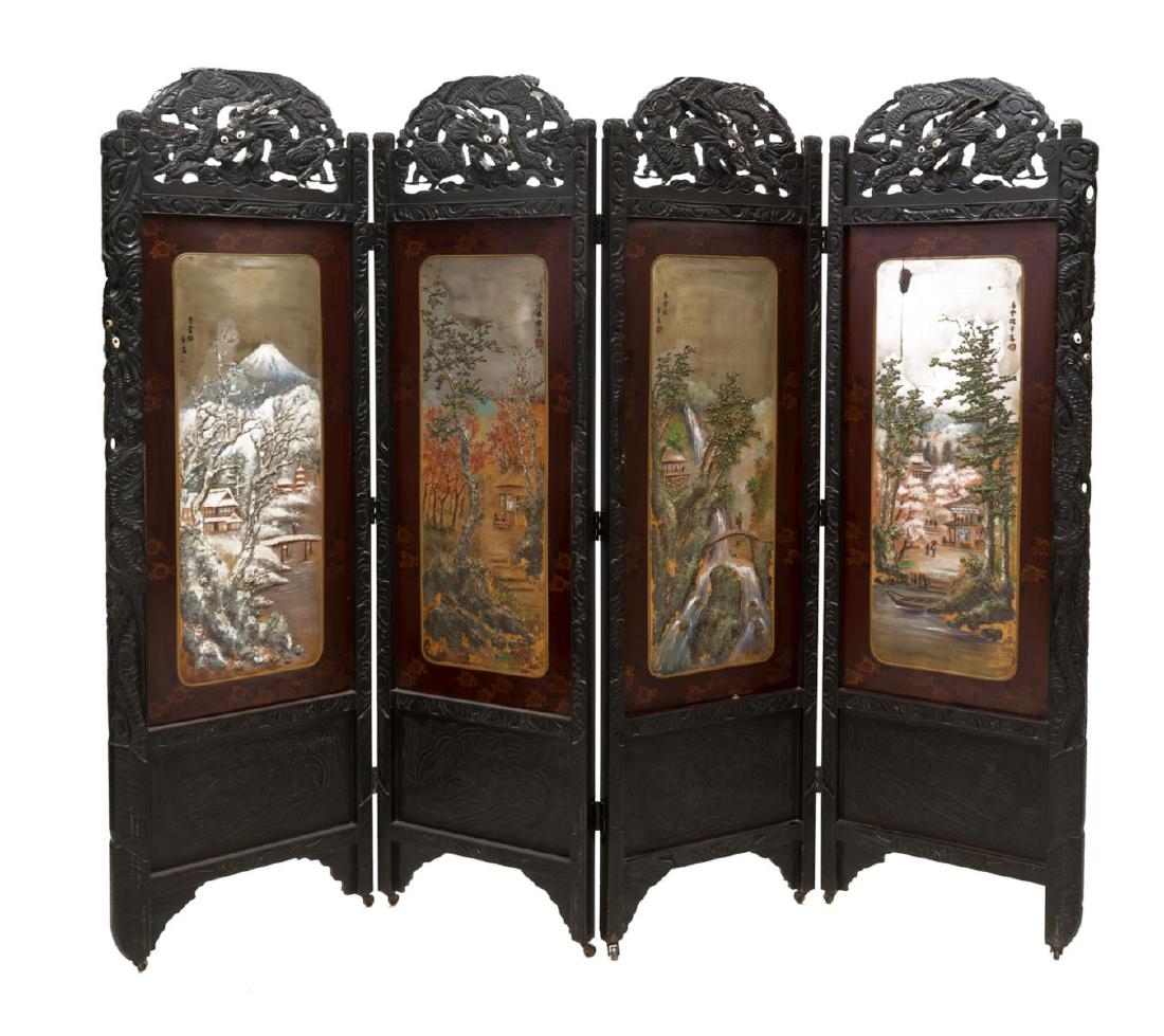 JAPANESE CARVED AND PAINTED FOLDING SCREEN (1 of 4)