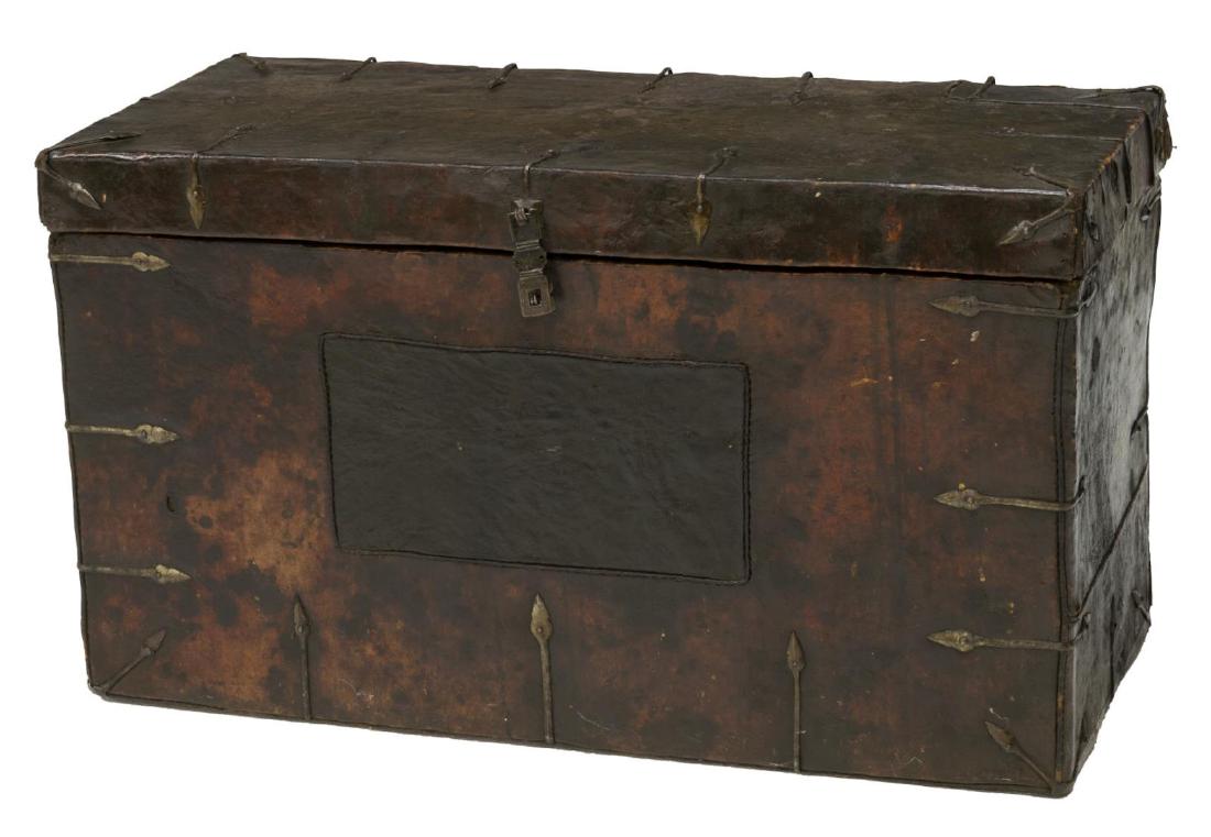 ANTIQUE CHINESE LEATHER & IRON BOUND STORAGE TRUNK (1 of 3)