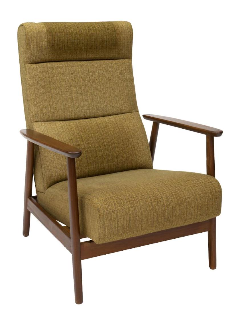 DANISH MID-CENTURY UPHOLSTERED TEAK ARMCHAIR: Danish mid-century modern upholstered teak armchair, c. 1950s, rocker, with exposed frame, some discoloration, approx 36.25"h, 26.75"w, 28"d Start Price: $150.00