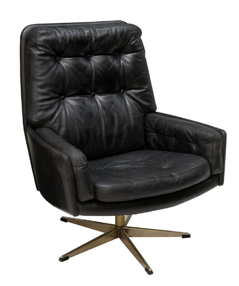 DANISH MODERN BLACK LEATHER SWIVEL CHAIR (1 of 2)