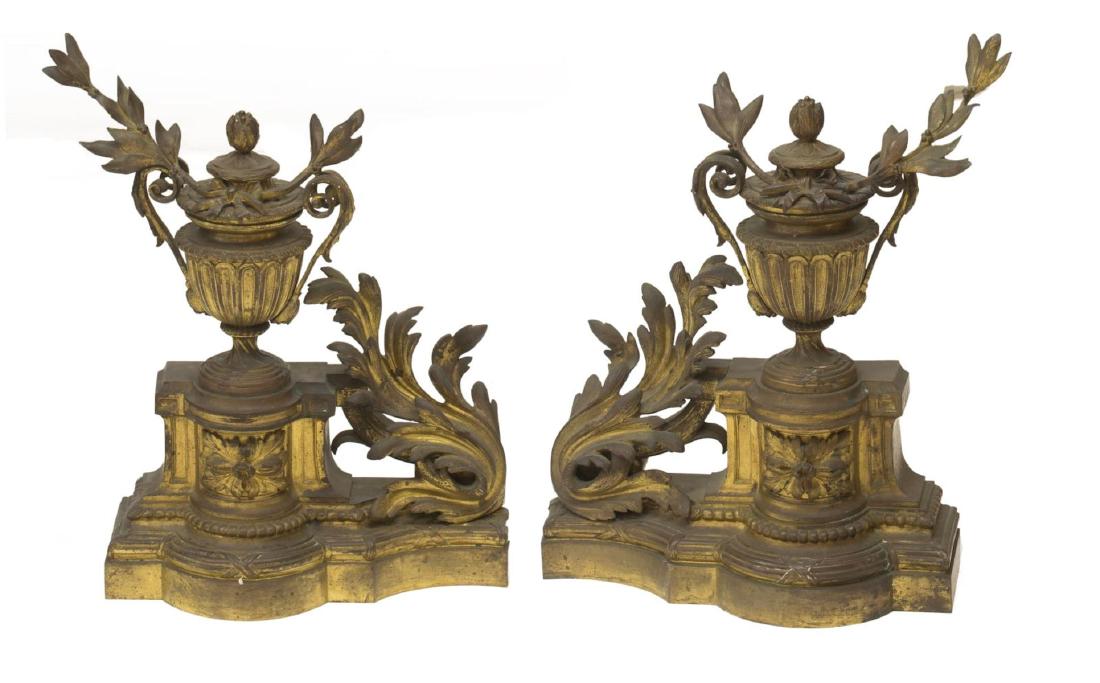(PAIR) FRENCH PATINATED METAL URN CHENETS ANDIRONS (1 of 3)