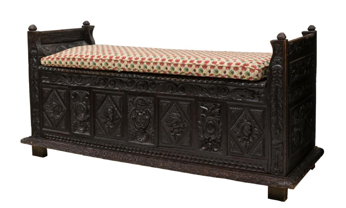 LARGE HEAVILY CARVED OAK COFFER BENCH (1 of 3)