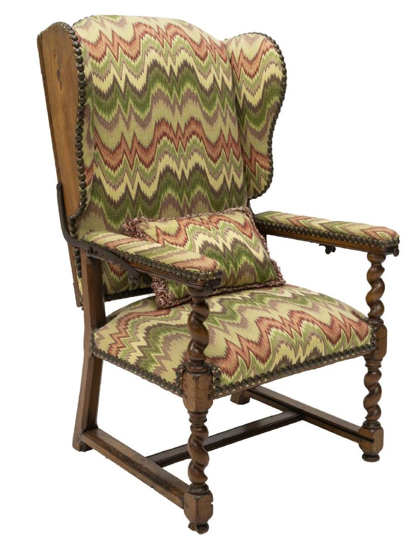 ENGLISH WOOD & UPHOLSTERED RECLINING WINGCHAIR (1 of 3)