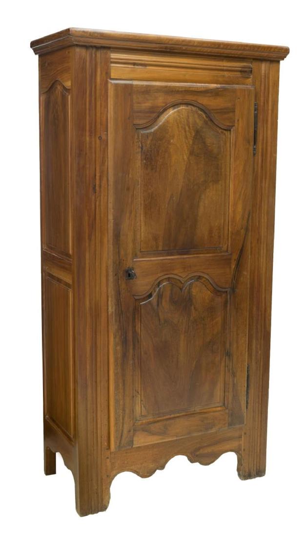 FRENCH WALNUT BONNETIERE CABINET: French walnut bonnetiere, 20th c., having rounded cornice top, over case with single paneled door, exterior iron hinges, scalloped apron, rising on bracket feet, approx 73.5"h, 37"w, 19.5"d Start Pric