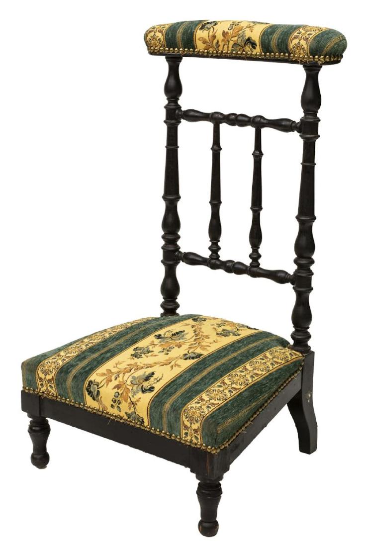 FRENCH NAPOLEON III EBONIZED WOOD PRAYER CHAIR: French Napoleon III ebonized wood prayer chair/ kneeler, mid to late 19th c., having brass tacking, in later upholstery, approx 34.5"h, 19.5"w, 16.25"d Start Price: $100.00