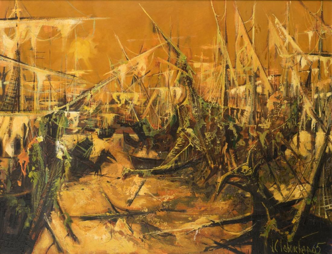 J.C. LEBOUCHER FRAMED OIL ON CANVAS PAINTING: Framed oil on canvas painting, 1965,"Certains ne Reviennent Jamais," dated and signed lower right J.C. Leboucher, titled, additionally signed and dated verso, centered in gilt frame, sight: approx 34.