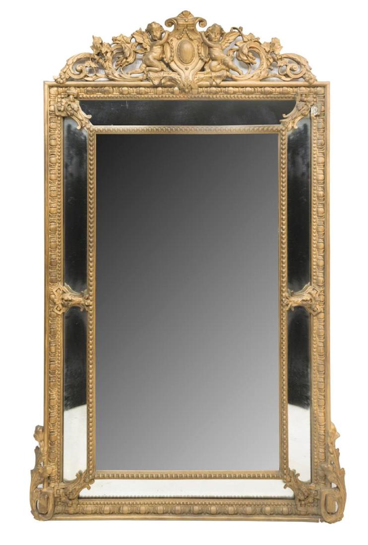 LARGE FRENCH GILTWOOD MIRROR W/ WINGED PUTTI (1 of 3)