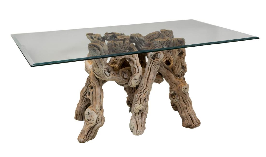 NATURAL CYPRESS BASE GLASS TOP DINING TABLE (1 of 3)