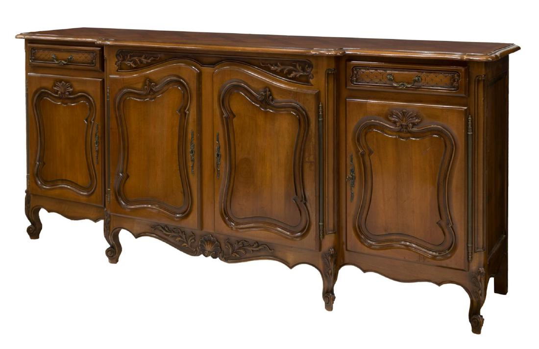FRENCH LOUIS XV STYLE PARQUETRY TOP SIDEBOARD: French Louis XV style fruitwood breakfront sideboard, 20thc., the shaped rectangular parquetry top above two doors flanked at each side by a drawer and door, all rising on short scroll foot cabriole l