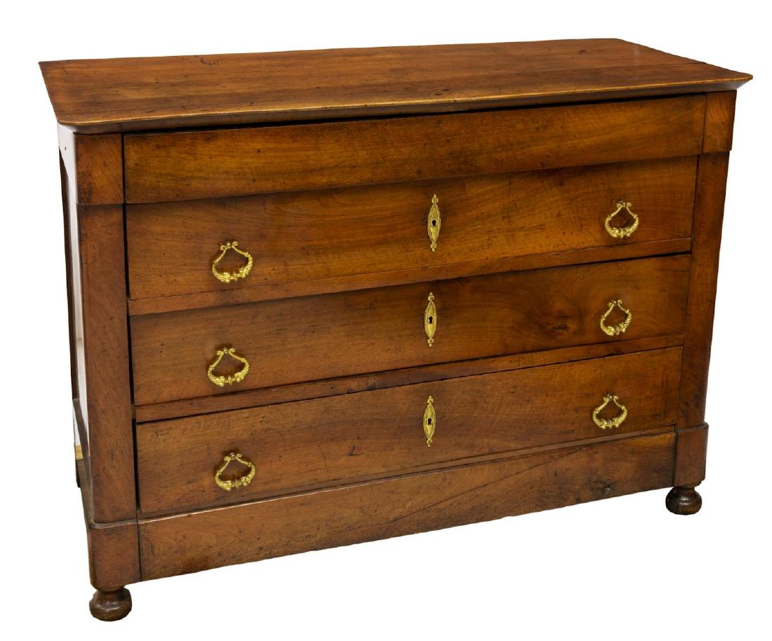 FRENCH LOUIS PHILIPPE COMMODE: French Louis Philippe commode, mid 19th c., the rectangular top above three drawers, rising on bun feet, 34"h, 48"w, 20.25"d Start Price: $500.00