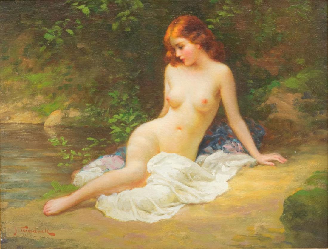 JOSEPH TOMANEK (D.1974) OIL PAINTING FEMALE NUDE: Framed oil on board painting, Seated Female Nude, signed lower left J. Tomanek (Joseph Tomanek, Czech-American, 1889-1974), depicting a young woman with red hair, seated in a verdant landscape, center