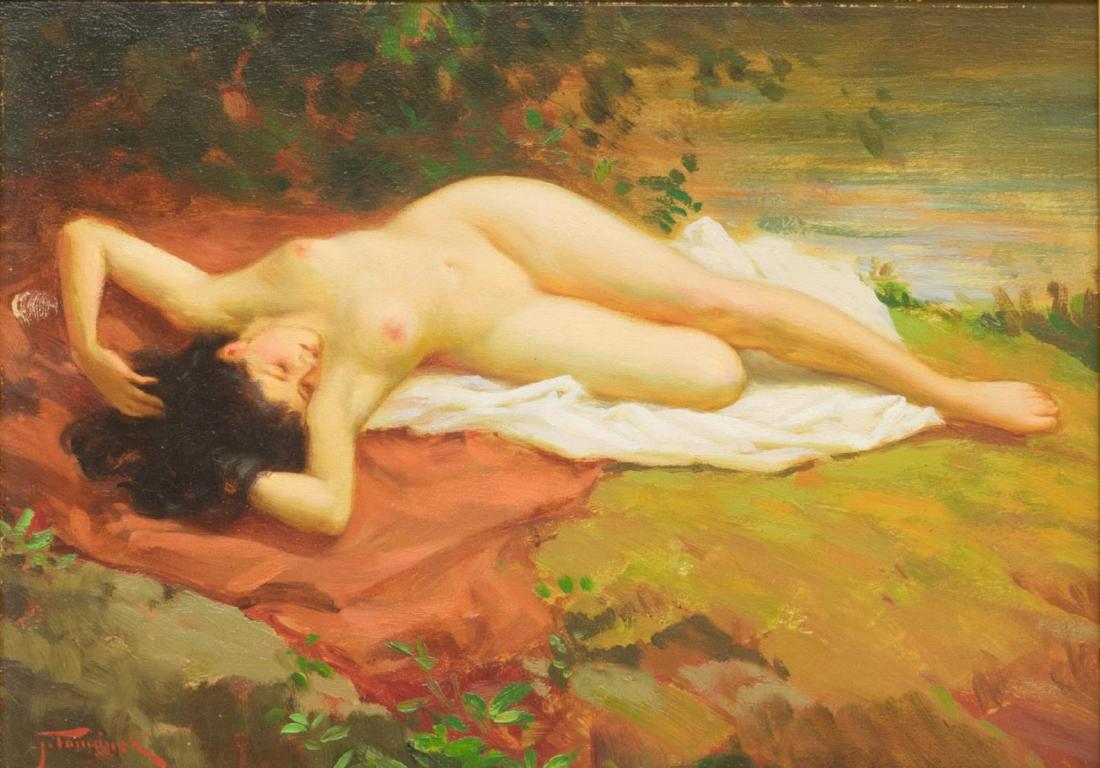 JOSEPH TOMANEK (D.1974) OIL PAINTING FEMALE NUDE: Framed oil on board painting, Reclining Female Nude, signed lower left J. Tomanek (Joseph Tomanek, Czech-American, 1889-1974), depicting a young woman with dark hair, reclining in a verdant landscape,
