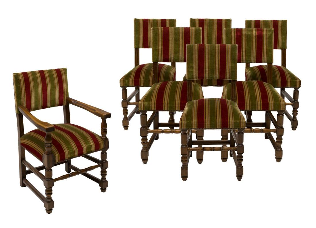 (7) RENAISSANCE REVIVAL UPHOLSTERED DINING CHAIRS: (set of 7) Renaissance Revival dining chairs, late 19th/ early 20th c., comprising (1) arm chair, approx 37.5"h, 24"w, 20"d and (6) side chairs, approx 36"h, 18"w, 17"d Start Price: $200.00