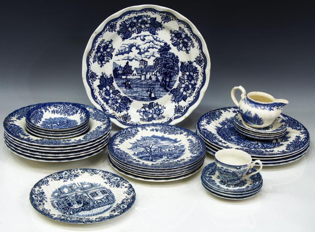 (32) MYOTT 'THE BROOK' BLUE & WHITE DINNER SERVICE: (lot of 32) Myott "The Brook" dinner service, 20th c., including: (4) dinner plates, (one) with chip to underside of rim, 10"diam, (6) soup bowls, 9"diam, (6) salad plates, 8"diam, (4) fruit/ dessert 