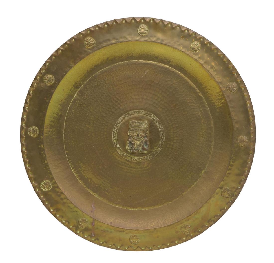LARGE MEXICO BRASS TRAY, TOLTEC DECORATION (1 of 3)