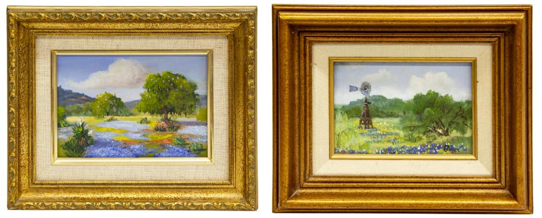 JANE PRICE (TX) PAINTINGS, BLUE BONNET LANDSCAPE: (lot of 2) Framed paintings on canvas, each a Hill Country bluebonnet landscape, by Jane Price (Kingsland, Texas, 20th c.), including: (1) signed lower right and further signed verso in pen, (1) unsig