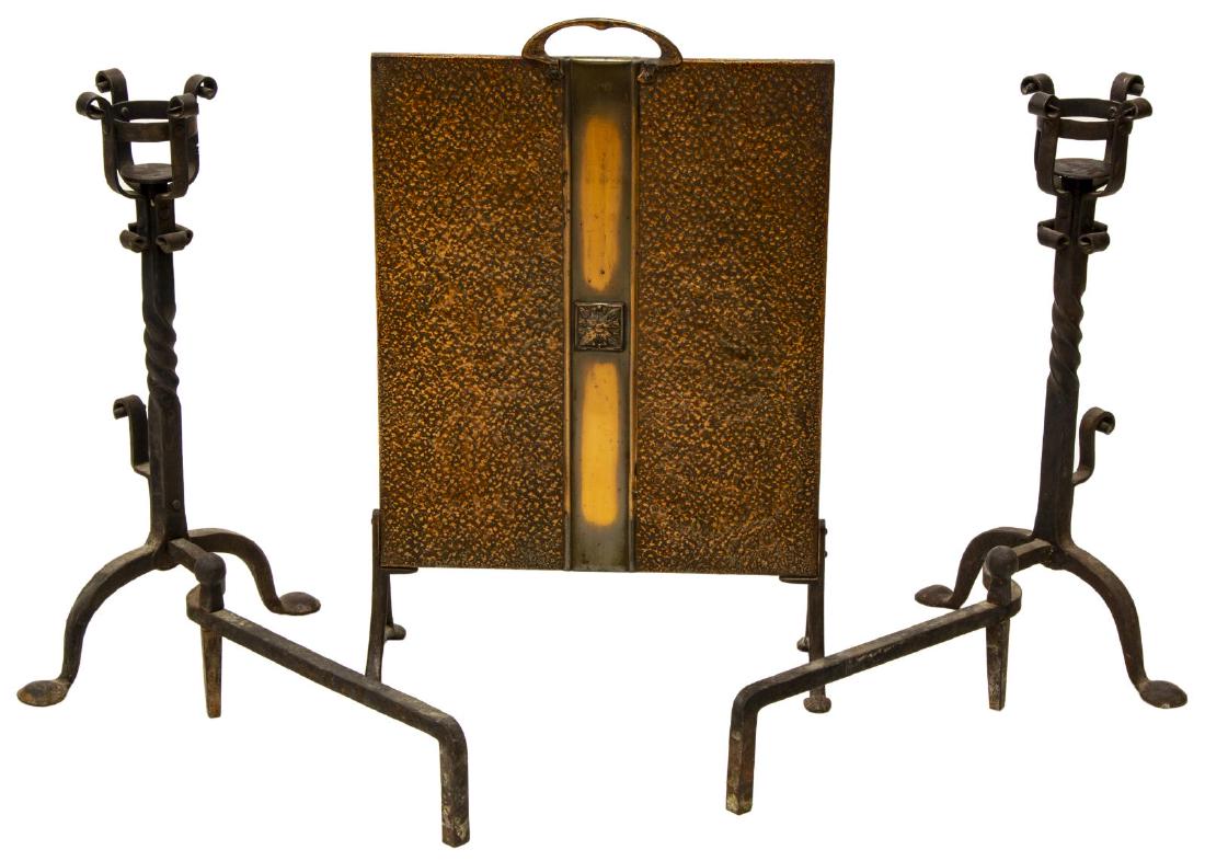(3) ARTS & CRAFTS FIRESCREEN & IRON ANDIRONS: (lot of 3) Fireplace accessories, including: (1) Arts and Crafts hammered copper finish firescreen, with top handle, central floral medallion, rising on bracket legs, 25.5"h, 19.5"w, 7"d, (2) wrought 