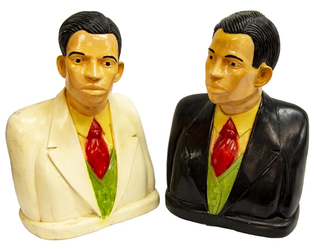 (2) MEXICAN FOLK ART NINO FIDENCIO (D.1938) BUSTS: (lot of 2) Mexican folk art cast plaster busts, polychrome painted, likely depicting Nino Fidencio (Mexico, 1898-1938), (one) wearing black suit, (one) wearing white suit, initials J.F.S.C (Jesus Fide