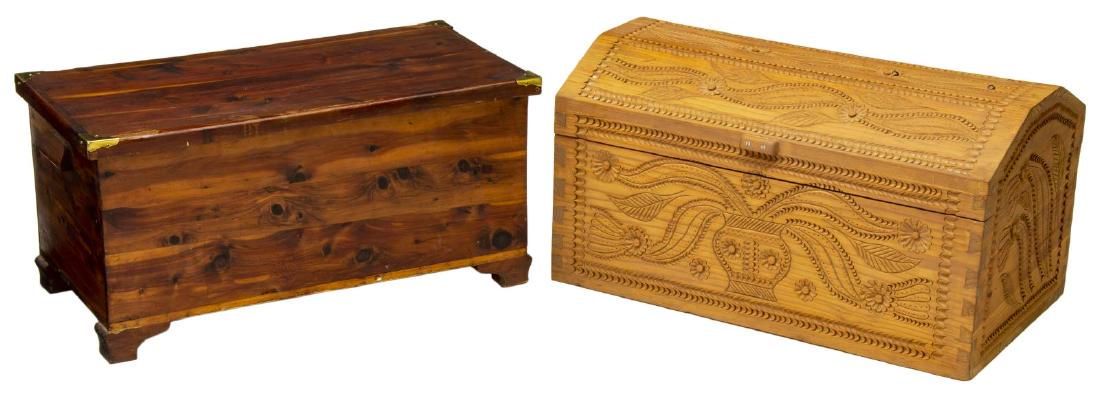 (2) VINTAGE DECORATIVE PINE STORAGE TRUNKS: (lot of 2) Vintage pine storage trunks, including: (1) having domed top, with carved floral motif, case with visible dovetails, open interior, 14.75"h, 27.75"w, 16.25"d, (1) having flat top with brass