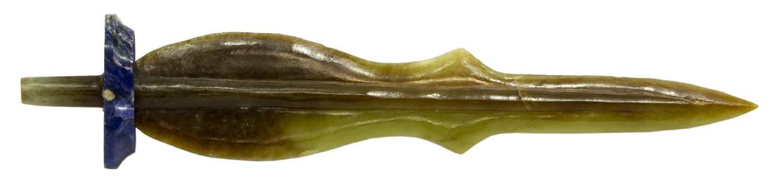 MAORI CARVED JADE SPEAR HEAD, LAPIS COLLAR: Carved jade spear point, a lapis collar mounted on shaft below blade, believed to be by the Maori People, New Zealand, 10.75"l, blade 2"w, lapis 2.25"w, .35lbs Start Price: $80.00