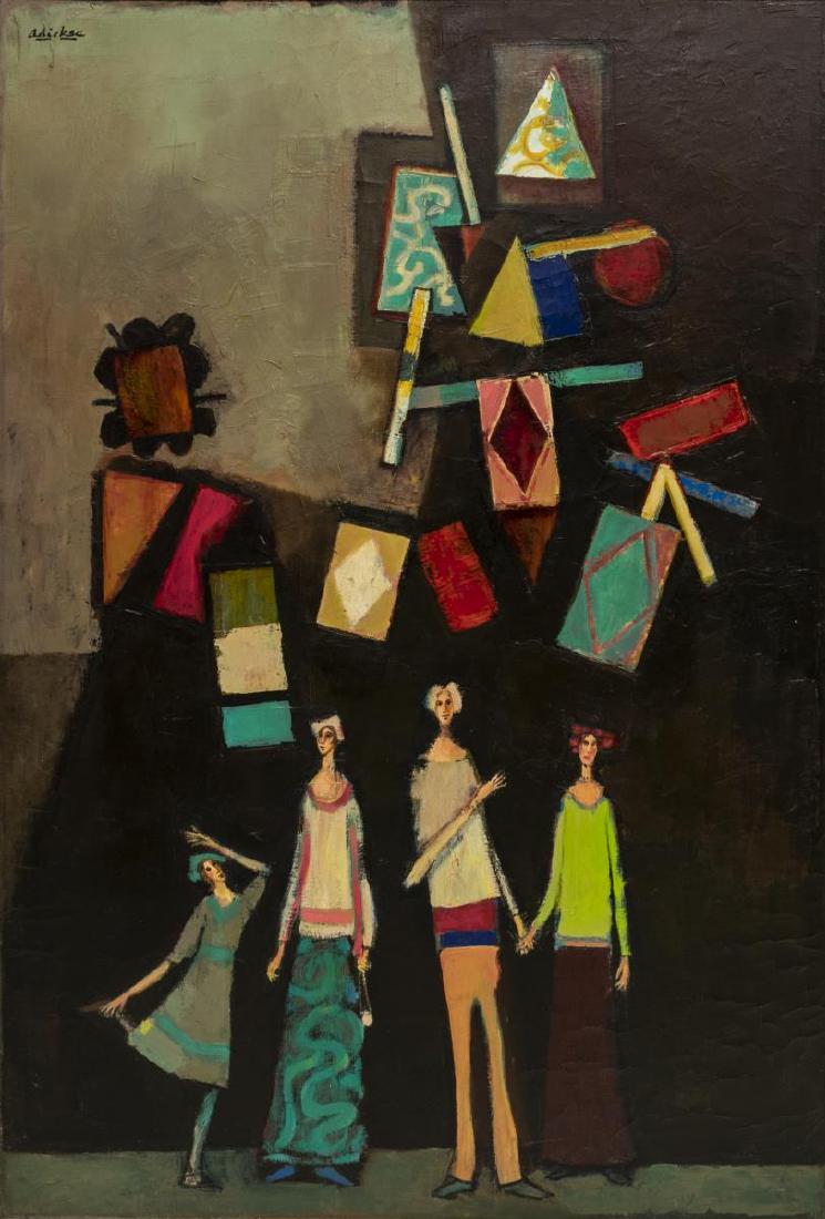 DAVID PRYOR ADICKES (B.1927) OIL PAINTING 47"x 31": Framed oil on canvas laid on panel painting, Untitled, signed upper left Adickes (David Pryor Adickes, Texas, b.1927), depicting four female figures with geometric shapes, sight: approx 47.25"h, 31.25