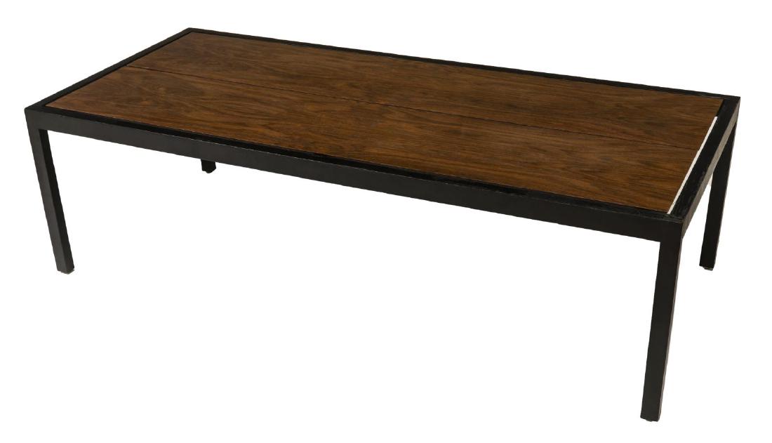 LEWIS BUTLER FOR KNOLL MODERN COFFEE TABLE: Mid-century modern coffee table, c. 1960s, designed by Lewis Butler (United States, 1924-2001) for Knoll Associates, tabletop comprised of two walnut planks, on black painted frame, rising on block le