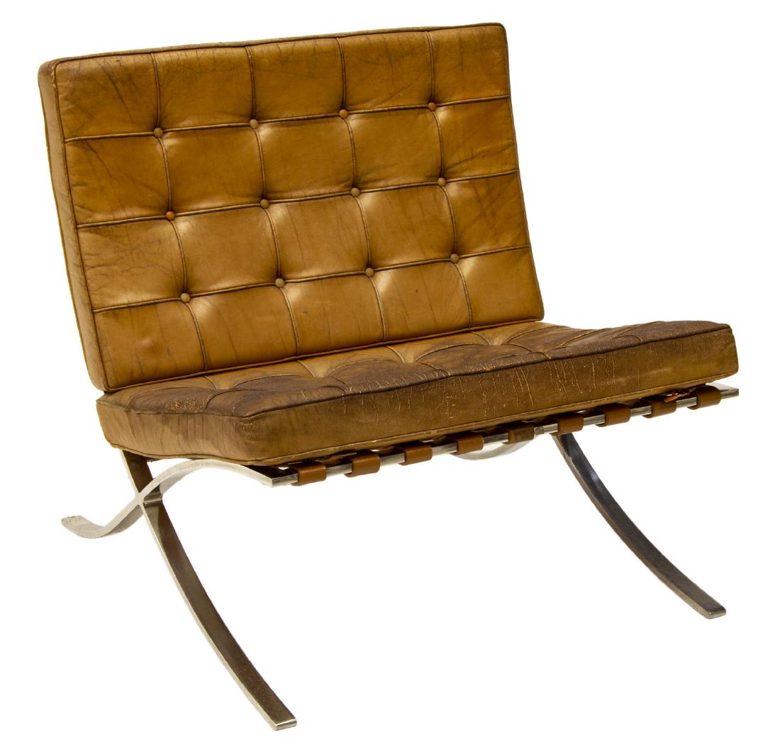 MIES VAN DER ROHE FOR KNOLL 'BARCELONA' CHAIR: Modernist "Barcelona" chair, designed by Ludwig Mies van der Rohe (Germany, United States, 1886-1969) for Knoll International, Inc., back and seat with cowhide belting straps, removable button-tufted 