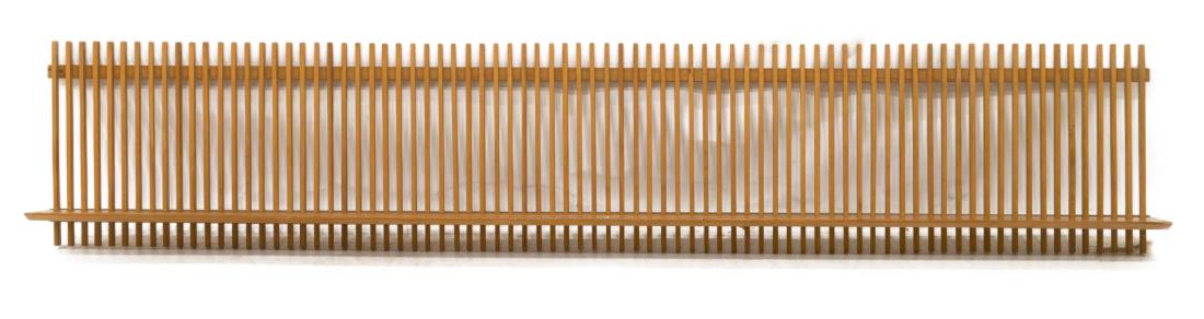 VITTORIO VALABREGA MID-CENTURY HANGING SHELF: Italian mid-century modern hanging shelf, design by Vittorio Valabrega (Italian, 1862-1952), having slated back, with single shelf running full length, approx 17.5"h, 94.5"w, 7"d Start Price: $100.00