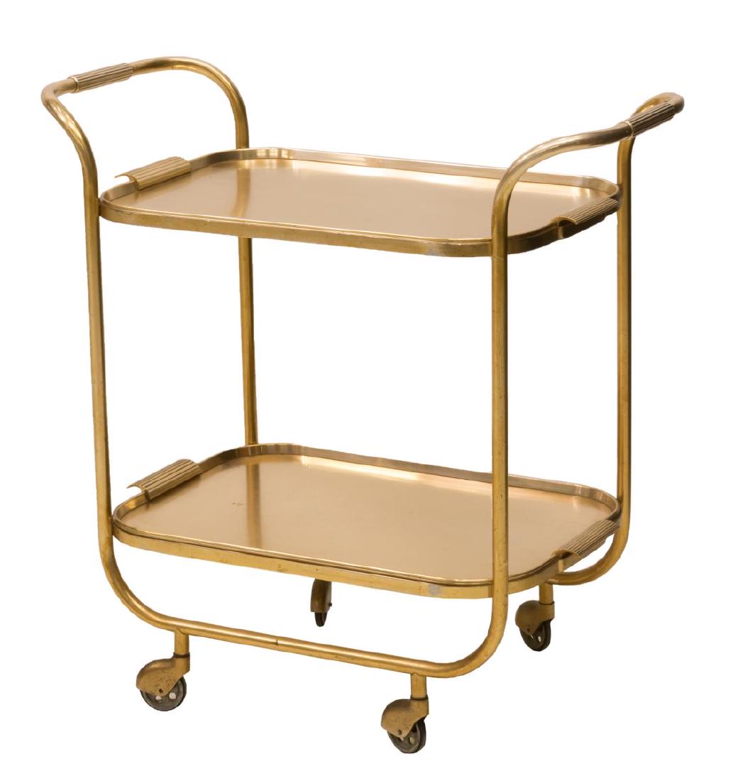 ITALIAN MID-CENTURY MODERN TWO TIER SERVICE CART: Italian mid-century modern service cart, c. 1950's/60's, executed in a rose gold tone metal, having two removable trays, dual handled two tier frame, moving on wheels, approx 29"h, 29.25"w, 15"w Start