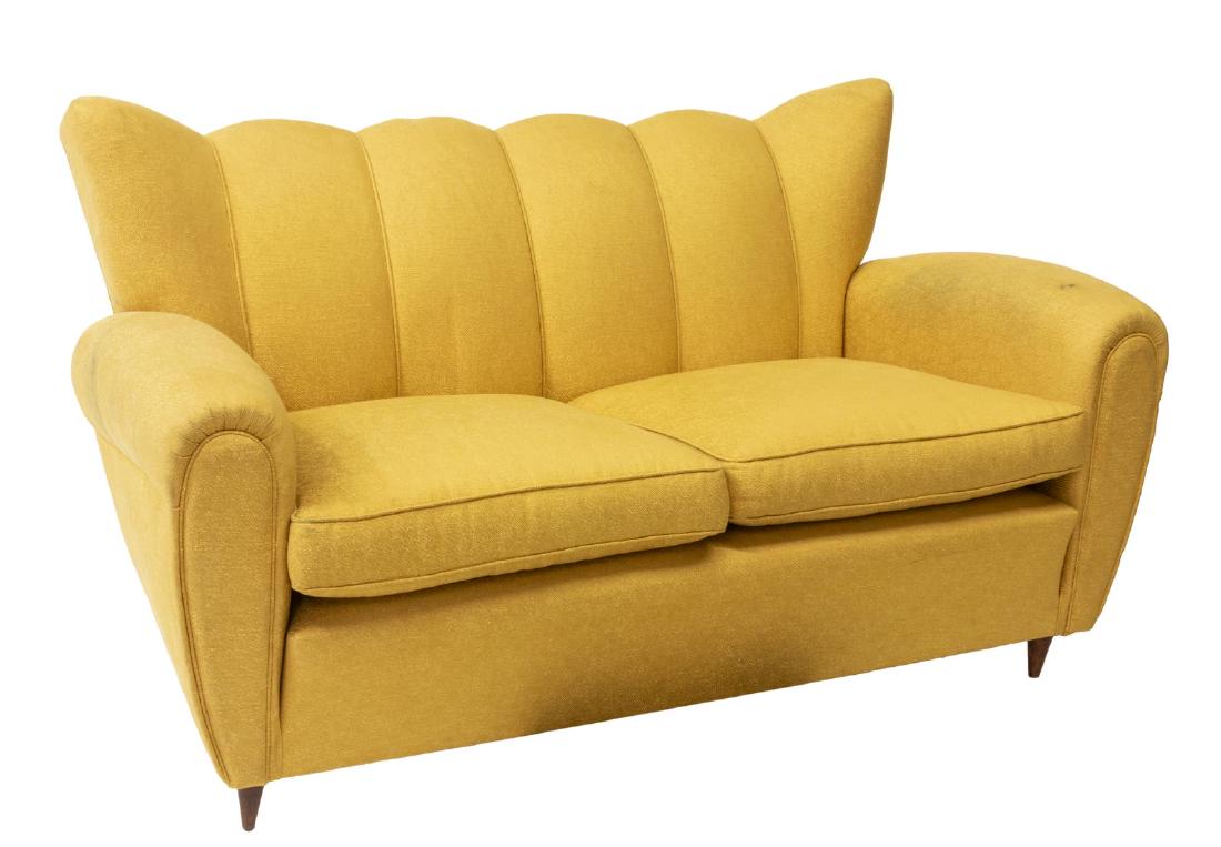 ITALIAN MID-CENTURY MODERN SOFA: Italian mid-century modern upholstered sofa, c. 1950's, design in the manner of Giovanni "Nino" Zoncada (Italian, 1898-1988), some discoloration, approx 32", 56"w, 29.5"d Start Price: $250.00