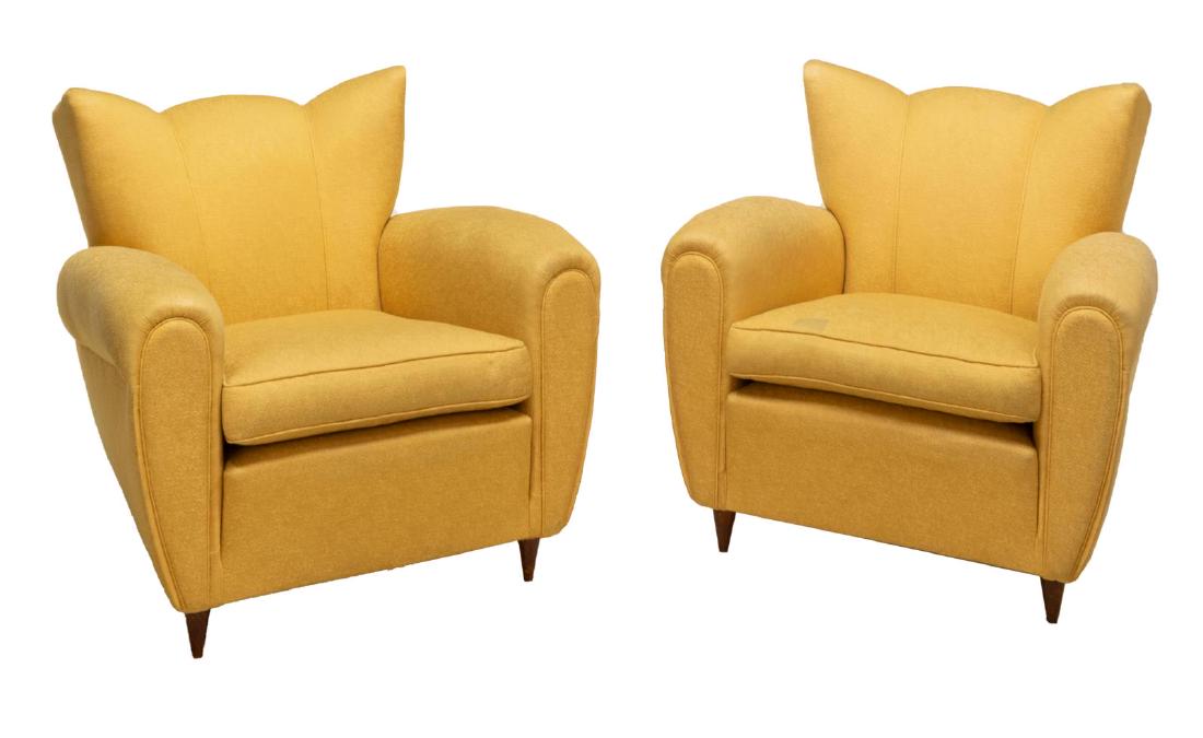 (PAIR) ITALIAN MID-CENTURY MODERN ARMCHAIRS: (pair) Italian mid-century modern upholstered armchairs, c. 1950's, design in the manner of Giovanni "Nino" Zoncada (Italian, 1898-1988), some spotting, approx 31.75"h, 32"w, 29.5"d Start Price: $350.