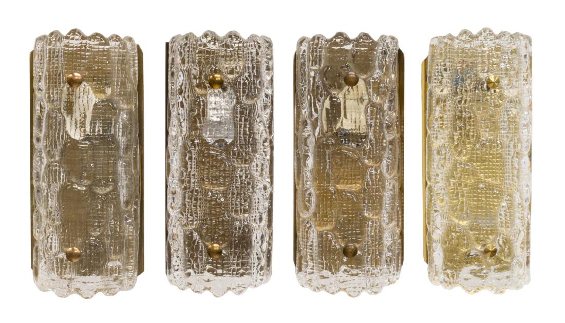 (4) CARL FAGERLUND FOR ORREFORS WALL SCONCES: (lot of 4) Swedish mid-century modern wall sconces, designed by Carl Fagerlund (Sweden, 1915-2011) for Orrefors, having art glass shade, concealing a single light, on gilt metal backing plate, in need