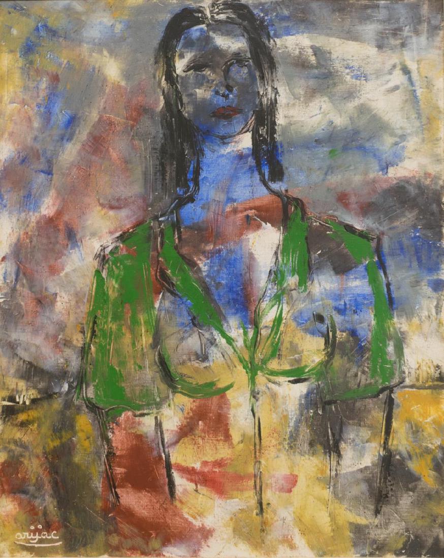 HARRY JACQUES (ARIJAC, B. 1937) WOMAN IN BLUE II: Framed oil painting on canvas, Woman in Blue II, signed lower left Arijac (Harry Jacques, Haiti, b. 1937), sight: 29.5"h, 23.5"w, overall: 31.75"h, 25.5"w, 5.5lbs Start Price: $200.00