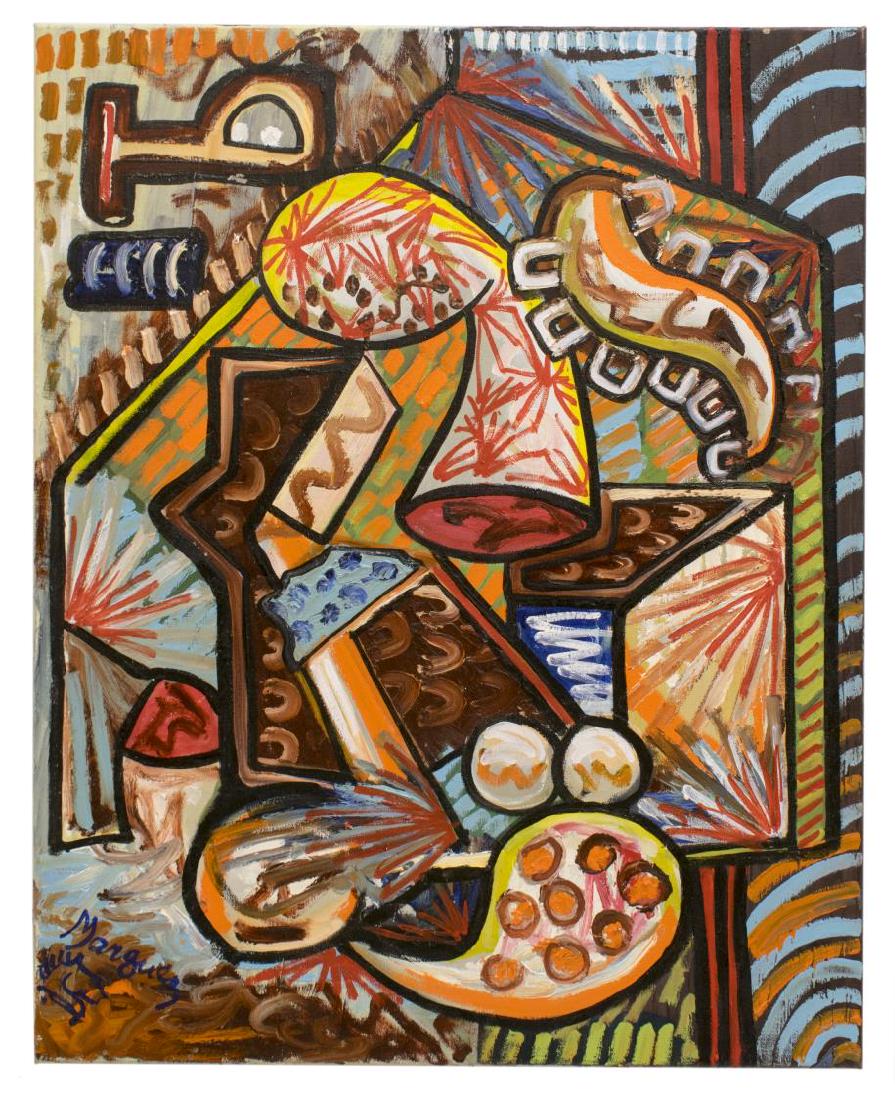 TRUMAN MARQUEZ (B.1962) ABSTRACT OIL PAINTING: Unframed oil on stretched canvas painting, Abstract Composition, signed lower left Marquez (Truman Marquez, United States, b. 1962), overall: 30"h, 24"w, 2lbs Start Price: $100.00