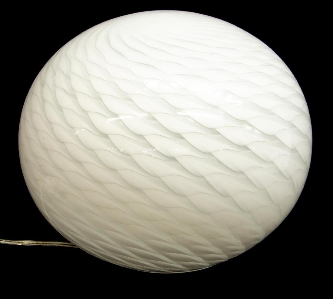 GLOBULAR FORM SPIRAL PATTERN GLASS TABLE LAMP: Globular form table lamp in white glass with a spiral pattern accented when light is on, 11"h, 12.5"w, 5.5lbs Start Price: $60.00