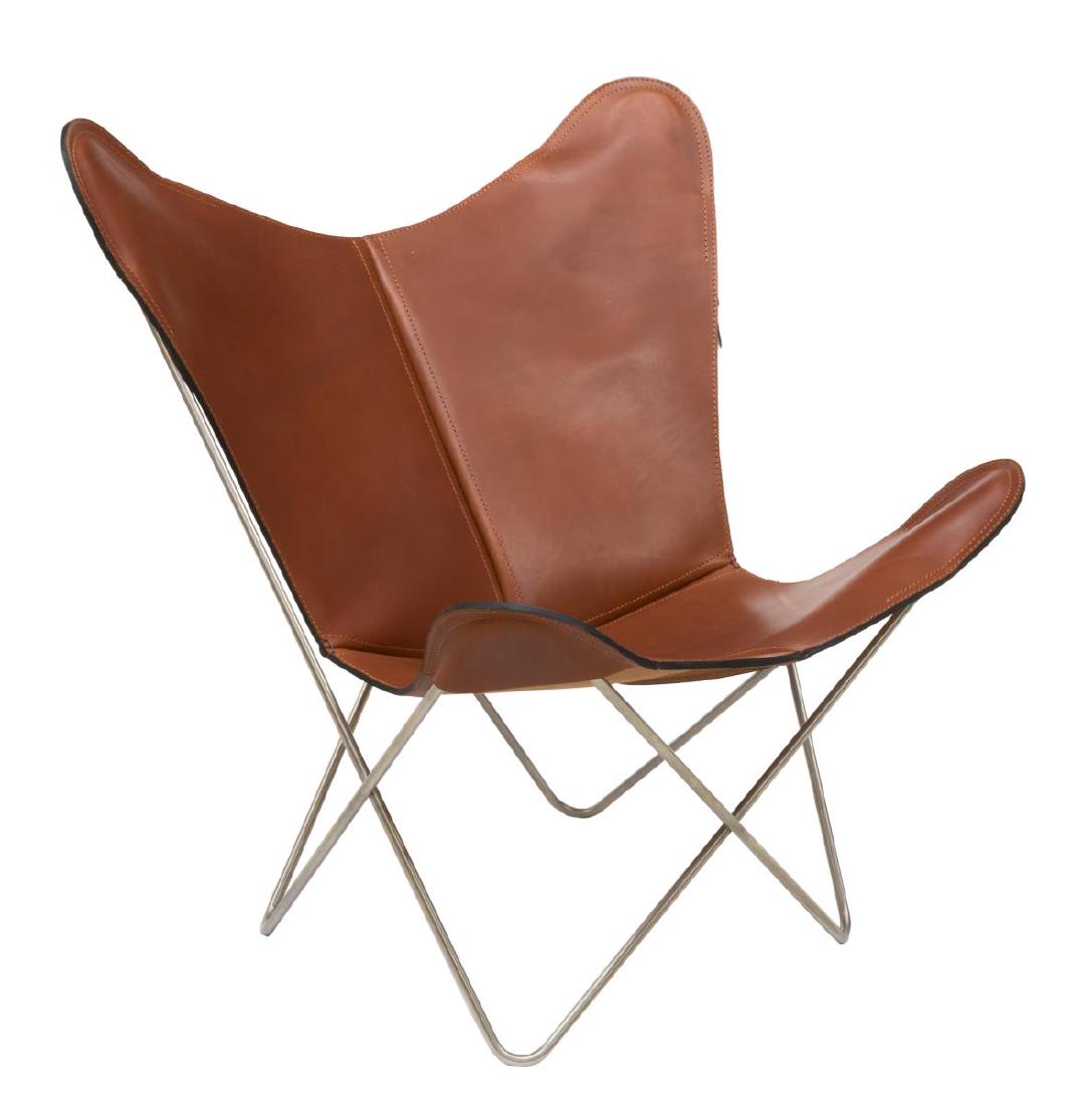 OX DENMARQ KS LEATHER PAPILLION CHAIR: Danish modern KS butterfly chair, designed by Dennis Marquart for OX Denmarq, having stainless steel frame, with cognac brown leather seat and headrest, approx 33"h, 32.5"w, 28"d *Note: after the 1938