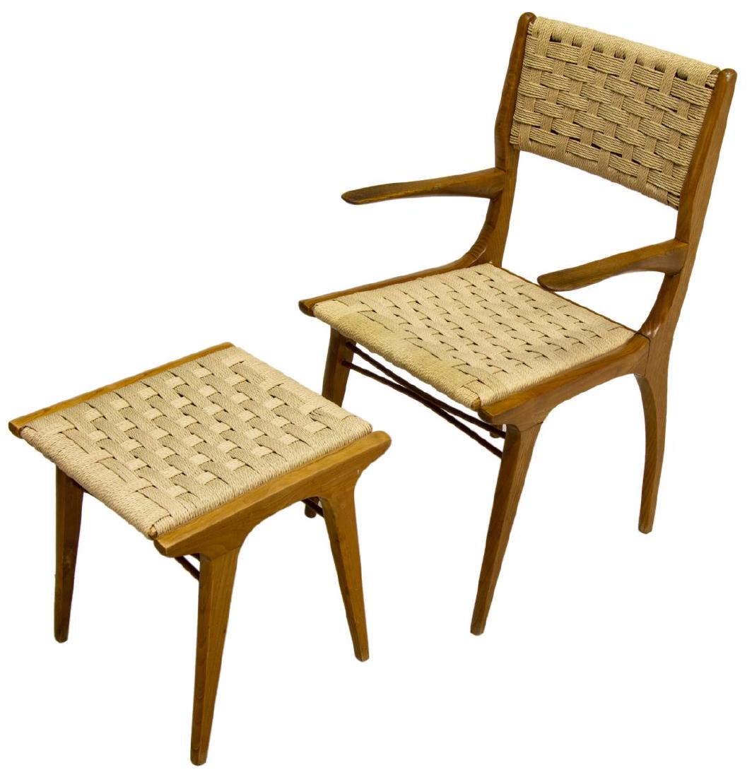 (2) ITALIAN MID-CENTURY MODERN ARMCHAIR & STOOL: (lot of 2) Mid-century modern seating group, c. 1950s, comprising: (1) armchair, with woven cord back and seat, rising on stylized tapered legs, joined by front stretcher, repair at leg, approx 35.5"h