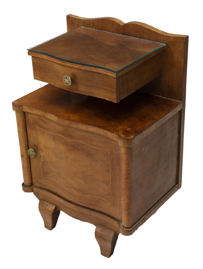 FRENCH ART DECO DIAMOND PATTERN NIGHTSTAND: French Art Deco nightstand, c. 1930s, string inlay enclosing diamond veneer pattern, a floating drawer above the cabinet base with single door, rising on shaped feet, approx 29.25"h, 19.25"w, 14"d Sta