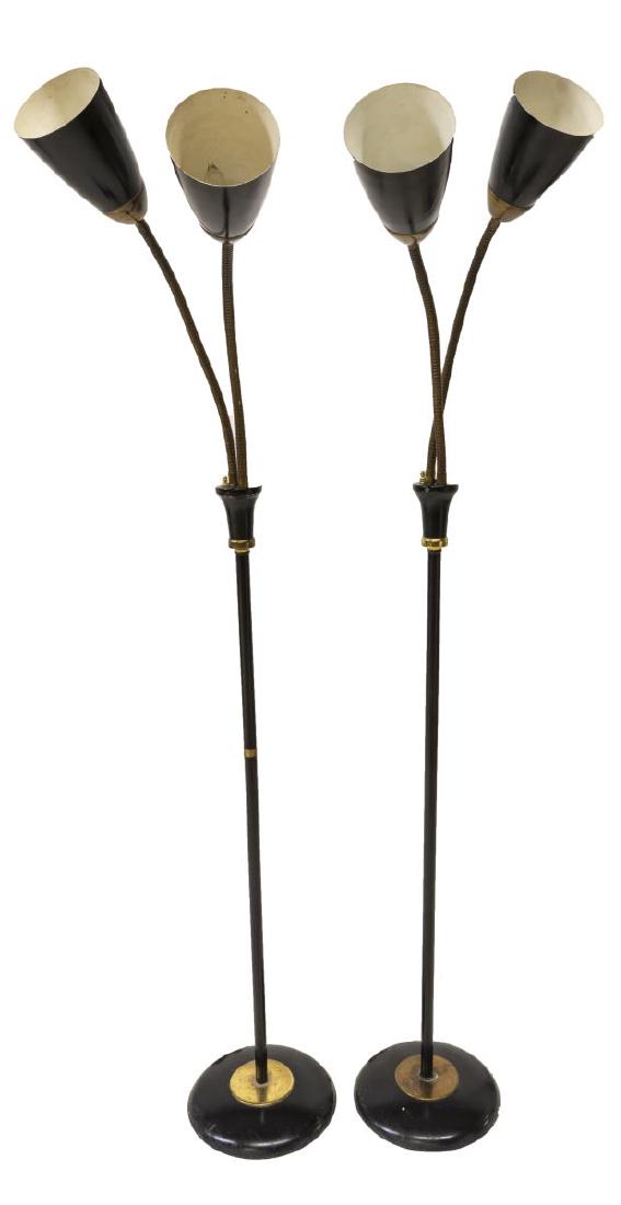 (PAIR) MID-CENTURY MODERN TWO-LIGHT FLOOR LAMPS: (pair) Mid-century modern floor lamps, each having two lights, on independently adjustable goosenecks, over tubular standard, rising on circular foot, height adjustable, tallest: approx 69.5"h, 11"dia